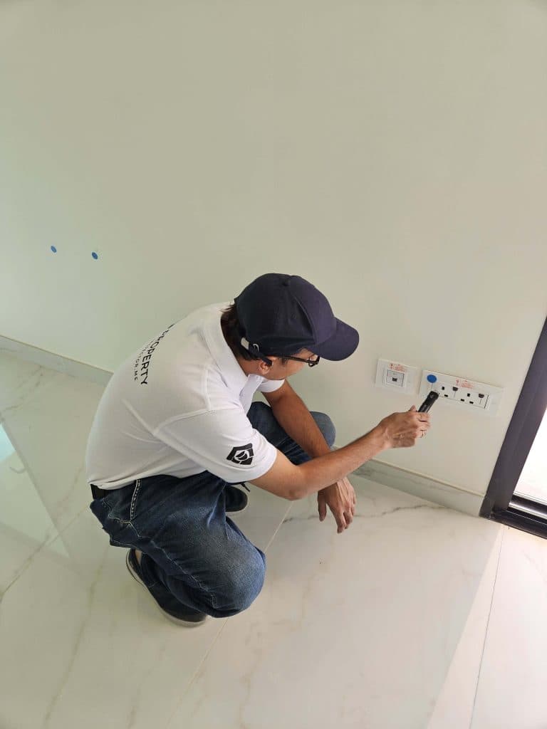 Inspector testing a distribution board and sockets