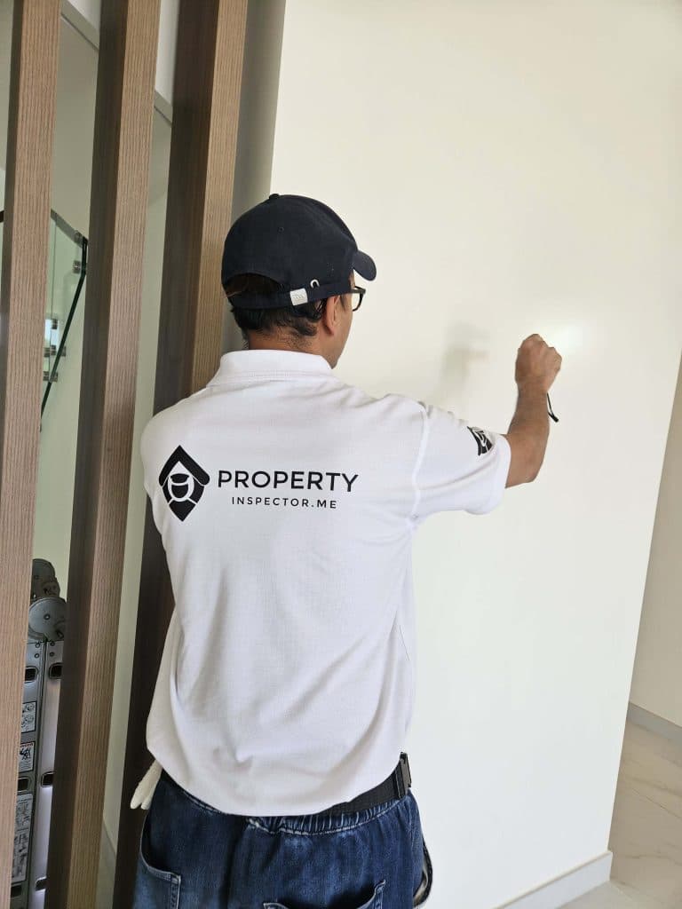 Inspector checking wall paint and finishing defects