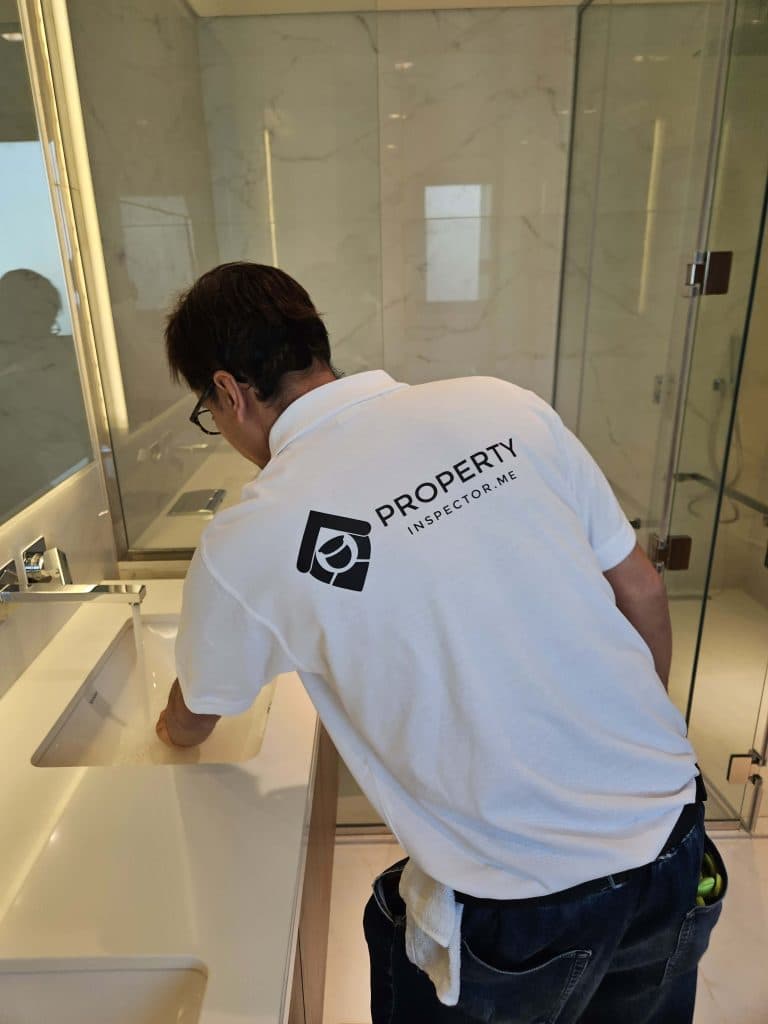 Inspector testing bathroom plumbing for leaks